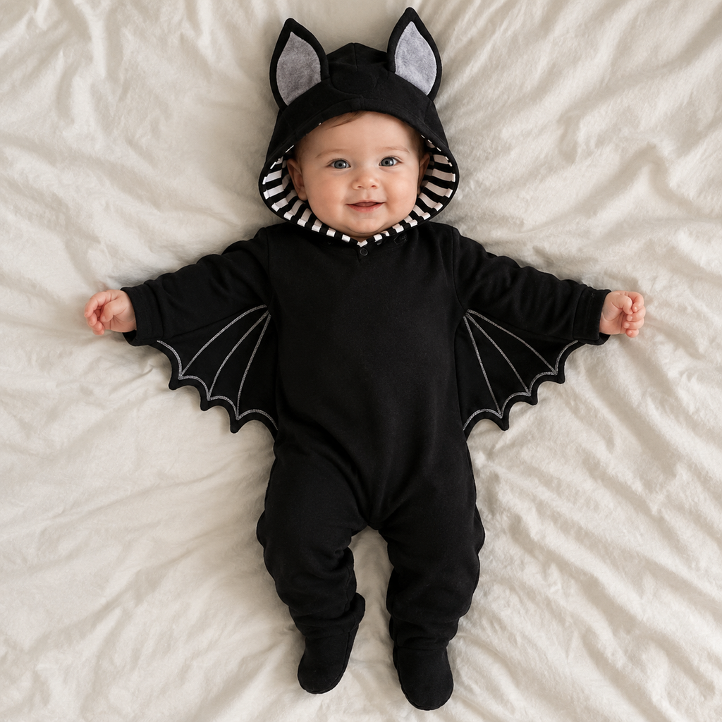 Baby Bat Halloween Romper — 95% Cotton, Hooded